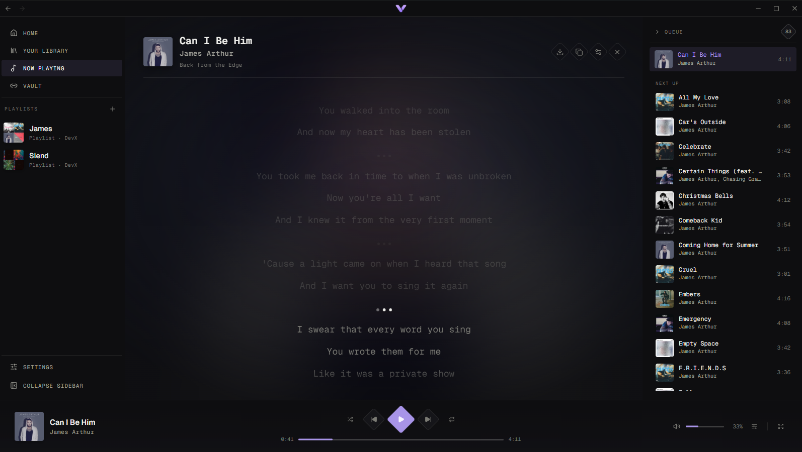 Synced lyrics screen in Vynl