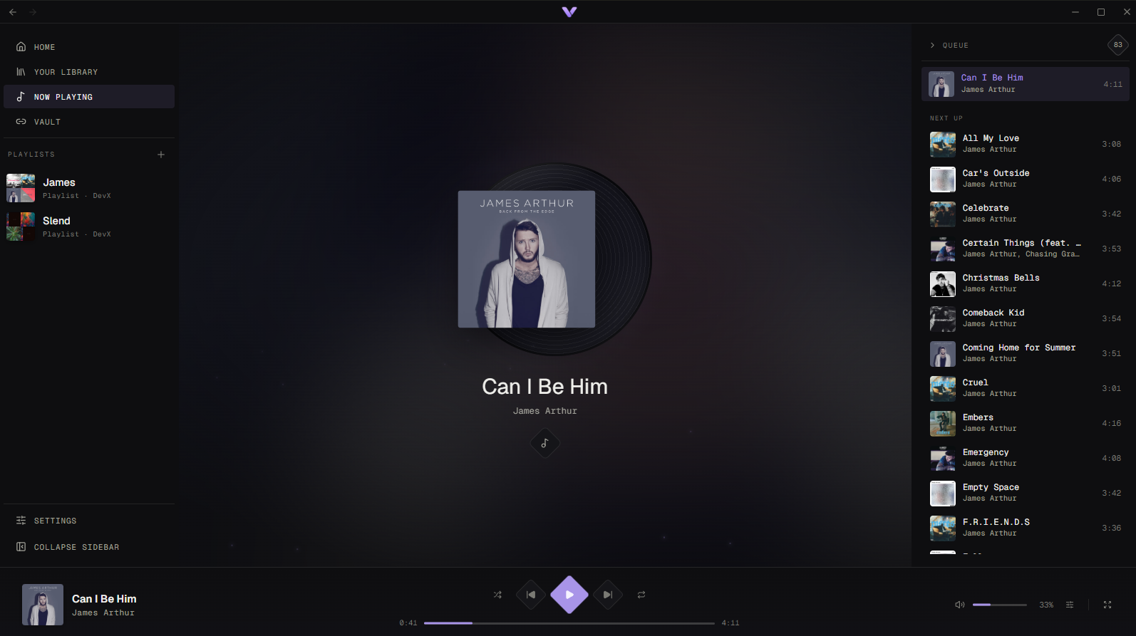 Now Playing screen in Vynl