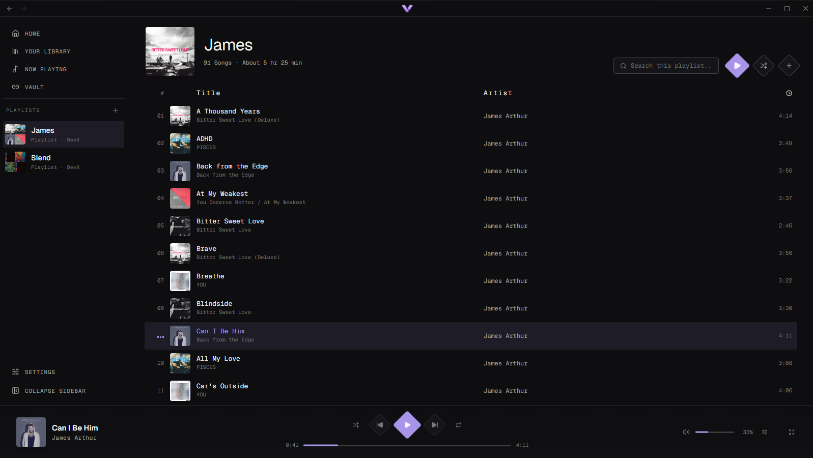 Playlists screen in Vynl