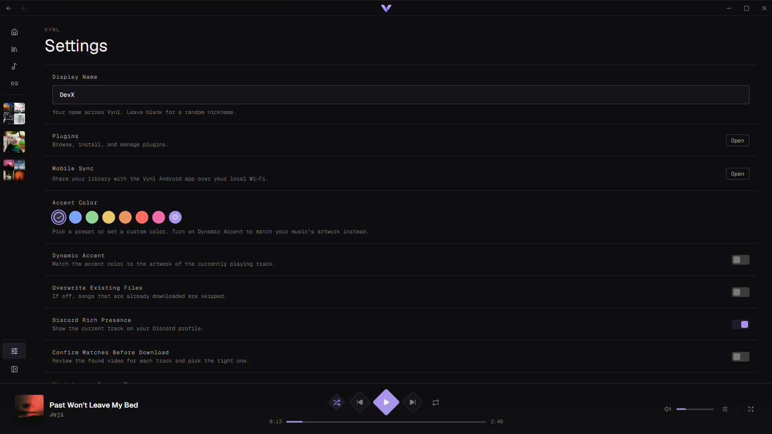 Settings screen in Vynl